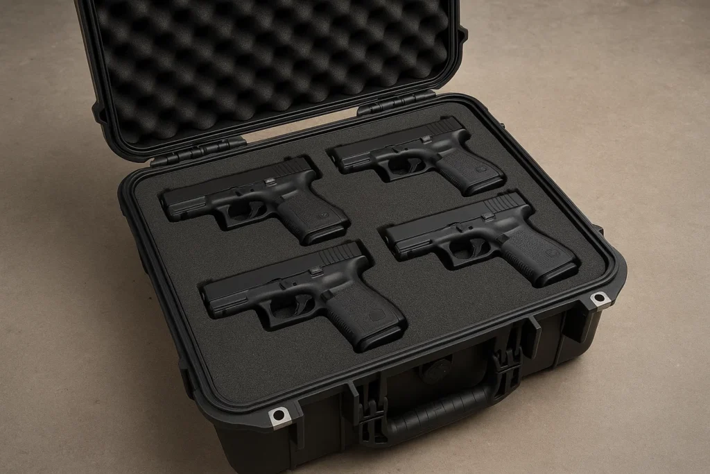 custom machined foam insert for guns in a plastic injection molded case, pelican, nanuk