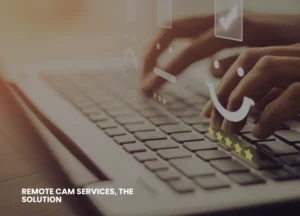 A PERSON TYPING ON A LAPTOP WITH SMILEYS AND 5 STAR REVIEWS